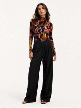 WEILL Women Parisian Equestrian Chain Print Mock Neck Stretch Top Gold Buttons 8